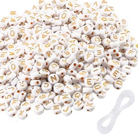 1000 pcs 7×4mm White Round Acrylic With Gold Alphabet Letter Beads+1 Bungee Cord For Jewelry Making Bracelets Necklaces Key Chains Round Beads Clear Elastic Thread Letter Beads Bracelets Crafts Making