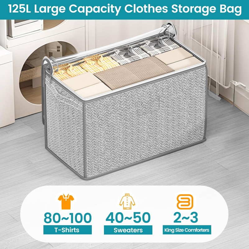 3 Pack 125L Grey Comforter Storage Bags, Clothes Storage Bags,