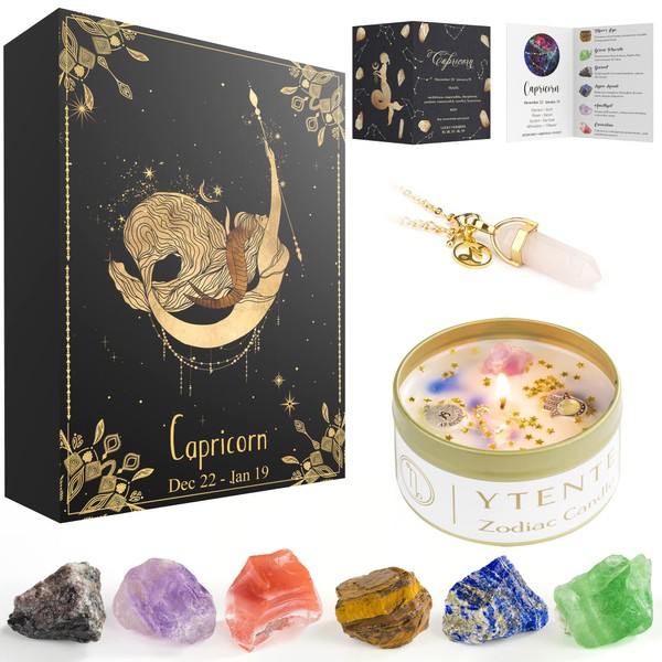 YTENTE Capricorn Zodiac Sign Soy Wax Scented Crystals Candle Healing Stones Gift Set with Horoscope Sign Hexagonal Pendant Gemstone Chakra Crystal Necklace for Women Men Birthday Gifts