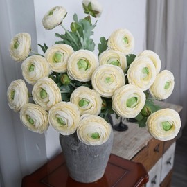 VOELIGT 10PCS Artificial Ranunculus Flowers with Real Touch Stem Silk Ranunculus Blooming Flowers Faux Leave for Home Decor Flowers Bouquet Ivory Mums Artificial Flowers
