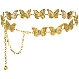 Putcuku Women Western Chain Belt Adjustable Turquoise Metal Waist Chain Boho Chain Link Belt for Jeans or Dresses (Turquoise Butterfly Gold-S)