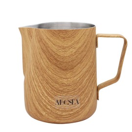 Abcsea 1 x Milk Foam Jug, Pitcher Jug, Stainless Steel, Foam Cup for Coffee and Latte Art, Foaming Milk, Wood Colour 350 ml/12 oz