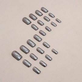 JUSTOTRY 24 Pcs Glitter French Tip Press on Nails Medium Pattern,Grey Fake Nails Square with Nail Glue,Glossy Squoval Stick on Nails for Women and Teens,Glue on Nails for Nails Art