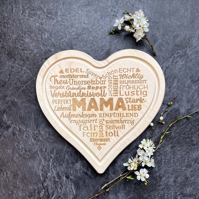 Spruchreif Breakfast Board in Heart Shape, Bread Board with Engraving,