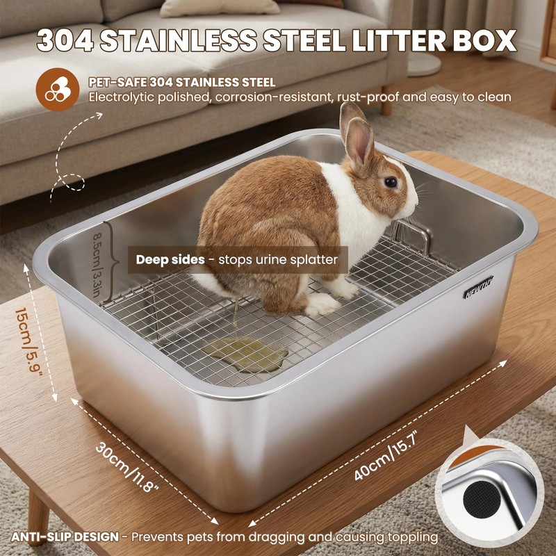 NEWTRY Stainless Steel Bunny Litter Box, Metal Grid & Deep