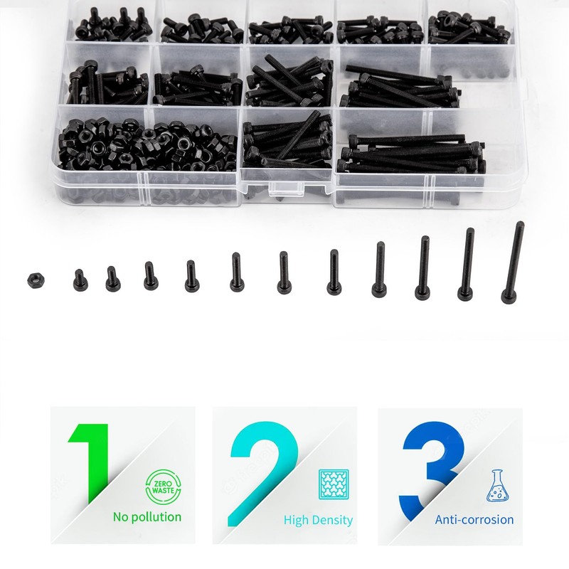440 Pieces M3 Screw Set, Black Hex Bolts with Nuts