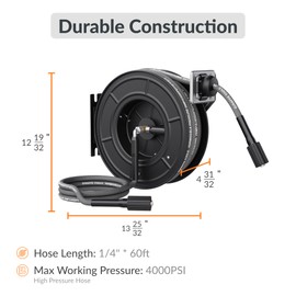 Giraffe Tools Pressure Washer Hose Reel 60ft, Heavy Duty Steel Power Washer Reel, Retractable Pressure Washer Reel, Wall Mounted, Replaceable Hose, 4000 PSI