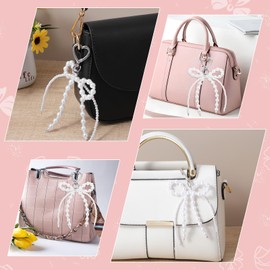 Xyembu 1 Pcs Pearl Bow Keychain, Cute Pearls Keychain Purse Charms, Y2k Pearl Bowknot Keyring, Heart Pearls Tassel Bag Charms for Women