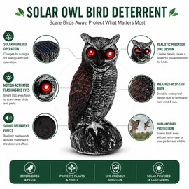 Solar Owl Bird Deterrent with Motion-Activated Sound & Flashing Eyes for Yards, Gardens, Farms & Orchards – Helps Protect Outdoor Areas