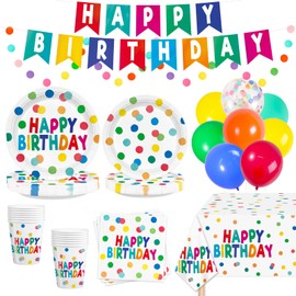 Detanpoly 158pcs Happy Birthday Party Plates and Napkins Polka Dots Birthday Party Supplies Colorful Tablecloth Banner Balloons Paper Cup Disposable Tableware Set Girls Boys Serve 30 Guests