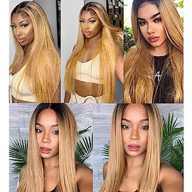 Weeybay Straight 4x4 Lace Front Wigs 1B/27 Black Root Honey Blond 100% Unprocessed HD Transparent Human Hair Wigs Ombre Blonde Color for Women 22 Inch