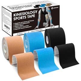 Ceeport Kinesiology Tape (5cm x 5m, 3 Roll) Elastic Muscle Sports Tape for Joint and Body Muscle Support, Shoulder, Ankle, Elbow, Wrist, Shin Splints and Knee Muscle Pain Relief (Black+Beige+Blue)