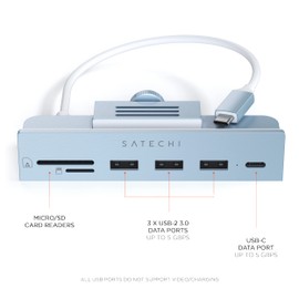 SATECHI Pinza Hub USB C – Puerto de Datos USB C, Datos USB A 3.0, Lector de Tarjetas Micro/SD – para Apple Studio Display y 2021 iMac M1 24". No es Apto para iMac 2020 y Modelos anteriores (Azul)
