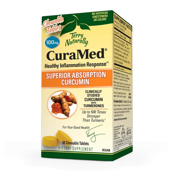 Terry Naturally CuraMed 100mg - 60 Chewable Tablets - Clinically Studied Curcumin + Turmeric Essential Oil - Supports Liver, Brain, Heart & Immune Health - Non-GMO, Vegan - 60 Servings
