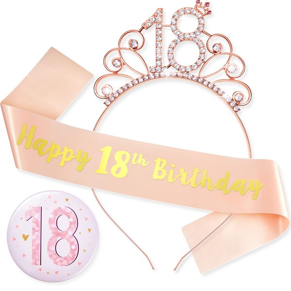 Chuangdi 3 Pieces 18th Rose Gold Birthday Decorations Set Rose Gold Happy 18th Birthday Sash 18th Birthday Rhinestone Tiara Crown Headband Number 18 Badge for Girls 18th Birthday Party Accessories