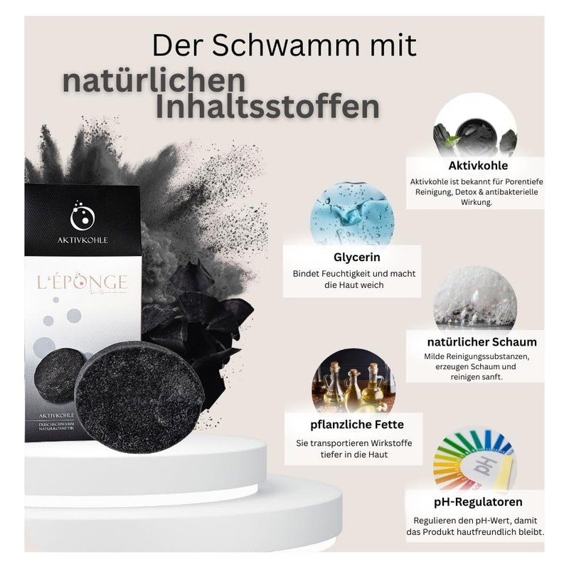 L'ÉPONGE Active Charcoal Shower Sponge, Innovative 4-in-1 Bath Sponge with