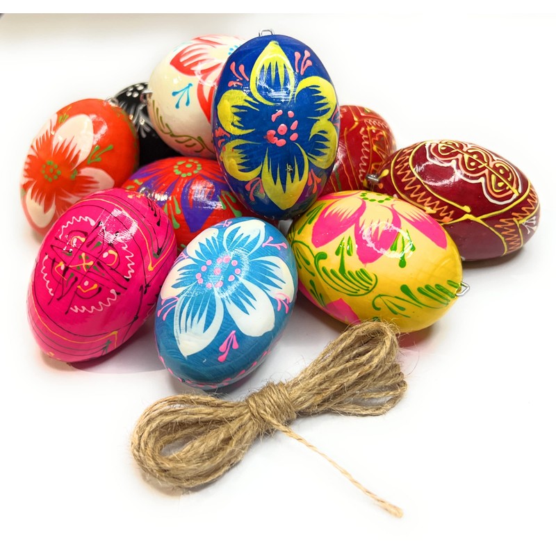 12 Wooden Easter Eggs Hand Painted with Hanger Handmade from