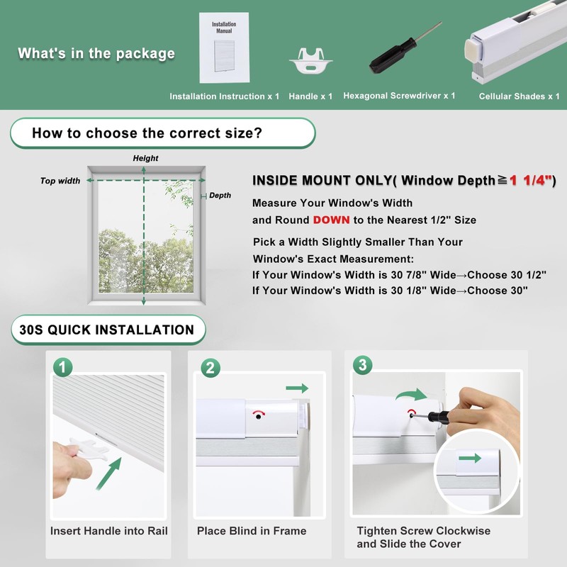 Tonature No Drill Cellular Shades for Indoor Windows, Thermal Insulating