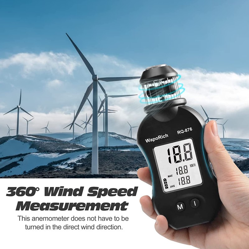 WapoRich Mini Wind Gauge, 360° Cup Anemometer Handheld Wind Gauge