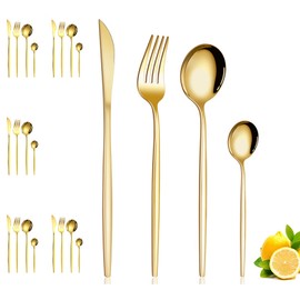 KKSMETIS Juego de Cubiertos,24 Piezas Cubiertos,Cuchillo,Tenedor,Cuchara,Cubiertos de Acero Inoxidable para Cocina, Restaurante,Aptos para Lavavajillas (Dorado)