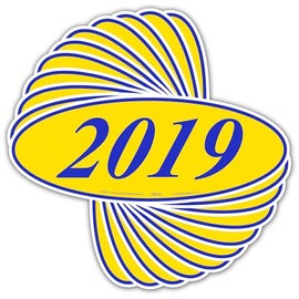 Oval Year Model Car Decals (2012–2026) – Bold Windshield Stickers – Multiple Colors – Waterproof, Easy to Apply and Remove- Made in The USA (Blue & Yellow, 2019)