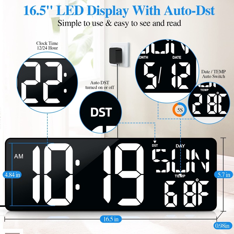 Large Digital Wall Clock with Remote Control 17.2" LED Large