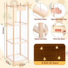 CroBlissful Stuffed Animal Zoo Storage with USB Star String Lights Wood Soft Cage Toy Organizer Stuffed Animal Display Tube Shelf Nursery Room Organizer for Nursery Play Room Bedroom Kid Room