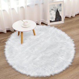 TENNOLA White Round Rugs for Bedroom, 3x3 Feet Fluffy Circle Rug for Kids Room, Furry Carpet for Teen's Room, Shaggy Circular Rug for Nursery Room, Fuzzy Plush Rug for Dorm