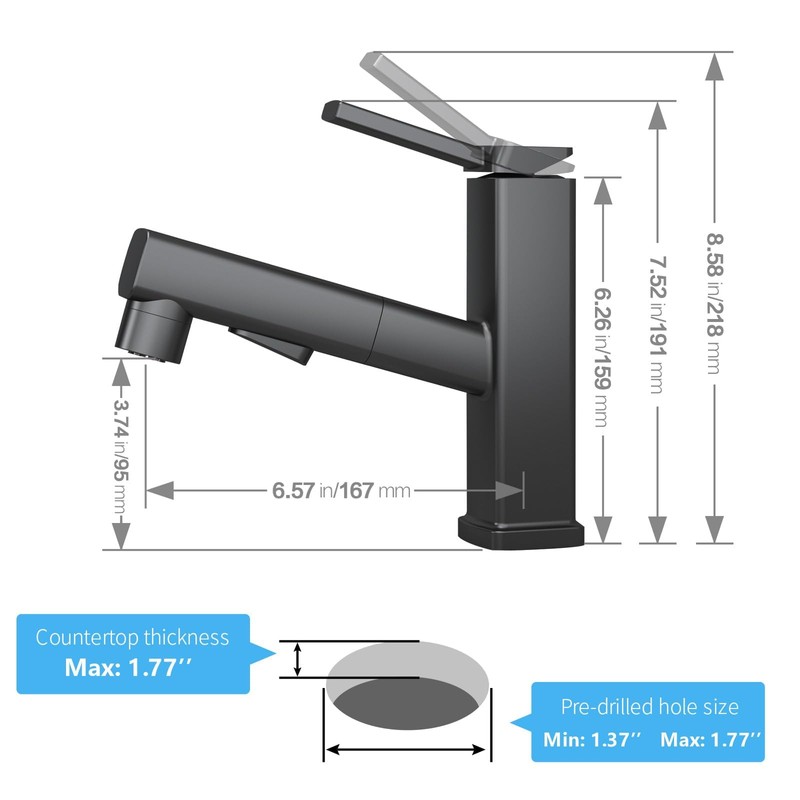 HANLIAN Single Hole Pull Out Faucet for Bathroom Sink, Black