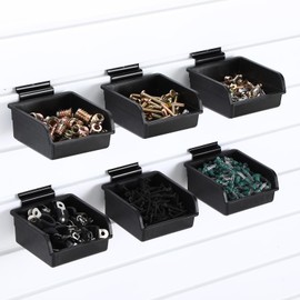 Briwooody 6 Pcs Slatwall Bins with Hooks Set, 4.1 x 4.1 x 1.89 Inch Slatwall Containers Wall Mounted Storage Bins for Organizing Accessories Tools Storage Office Workshop Garage Workbench (Black)