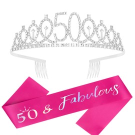 Semato 50 & Fabulous Birthday Tiara and Sash Kit- 50th Birthday Gifts for Women 50th Birthday (hot pink)
