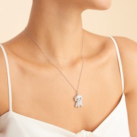 SCAMPER & CO Maltese Pendant Necklace for Women and Girls - Genuine Gemstone and Cubic Zirconia Puppy Charm with Elegant Bone Pattern Backplate on Real, Rhodium Plated Sterling Silver Chain, 18 inch