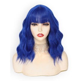 yumtaro Pastel Blue Wavy Bob Wig for Women, Short Shoulder Length Synthetic Wig with Bangs, Matte Natural Realistic Look Lightweight Hairpiece, Dark Blue Color for Daily Wear & Cosplay Costume