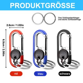 3-Piece Stainless Steel Key Carabiner with 6 Key Rings, Durable Keyring Clip for Car, Motorcycle, Bike, Perfect for Men and Women, Red, Blue, Black
