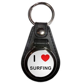 I Love Surfing - Black Plastic Medallion Key Ring