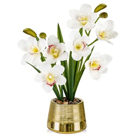 White Orchids Artificial Flowers Faux Silk Cymbidium Orchids in Gold Pot Fake White Orchid Flower Arrangements Orchid Centerpiece Faux Orchid Plant for Dining Room Table Decoration