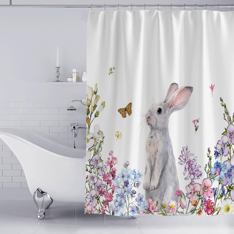 ZCHOMI Spring Easter Bunny Shower Curtain Cute Rabbit Floral Plant