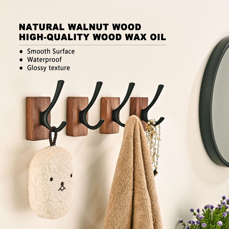 4 Pack Walnut Wood Wall Coat Hooks for Hanging, Adhesive
