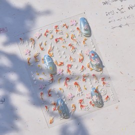 Goldfish Nail Art Stickers 5D Embossed Goldfish Nail Decals Self-Adhesive Glitter Koi Nails Design Stickers Spring Lotus Flower Nails Art Supplies for Women Girls DIY Manicure Decorations