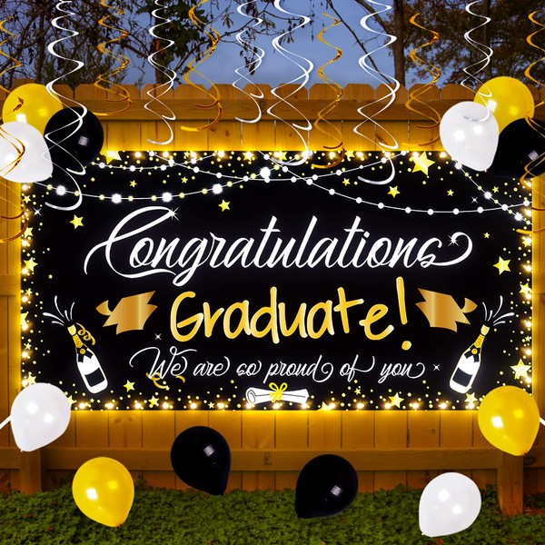 Graduation Decorations Class of 2023 - Lighted Large Congrats Grad Banner Garland Photo Backdrop+Balloons+Hanging Swirls Party Supplies (25PCS, Black, Not Include Battery)