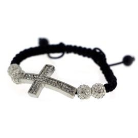 Mi Amore Black Adjustable Strap Bracelet with White shamballa Beads and a Cross Charm with Rhinestone Accents 48B96485