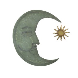 Zeckos Enchanting Weathered Verdigris Green Crescent Moon Wall Decor with Golden Star Dangler - Celestial Charm for Indoor and Outdoor Spaces - 25 Inches High