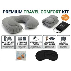 Inflatable Travel Pillow Eye Mask Earplugs 3-Piece Set, Medium Size Inflatable Neck Pillow, Portable Quick-Inflate U-Shaped Pillow with Eye Mask, Earplugs & Carry Bag, Travel & Lumbar Support