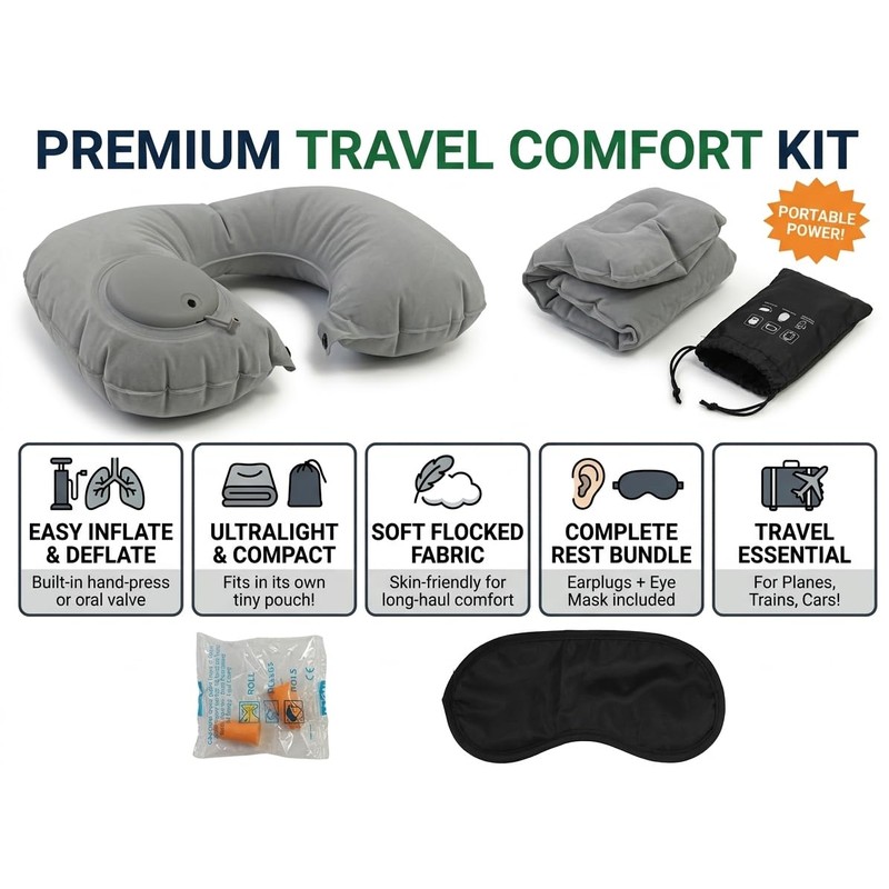Inflatable Travel Pillow Eye Mask Earplugs 3-Piece Set, Medium Size