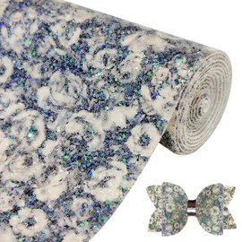 Greatdiy - Rollo de piel sintética con purpurina gruesa, color negro brillante con estampado de rosa blanca, 12 x 52 pulgadas, tela brillante de invierno para hacer lazos para el cabello, manualidades