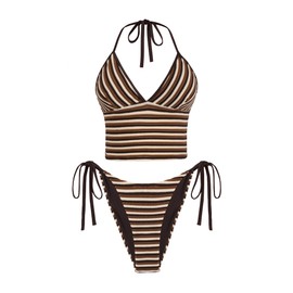 ZAFUL - Trajes de baño para mujer 2025 con cuello en V halter, conjunto de tankini de rizo a rayas de corte alto, tanga lateral, Café, X-Large