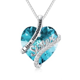 OCJ Sister Gifts Heart Aquamarine Necklace Valentines Day Gifts 925 Sterling Silver March Birthstone Necklace Sisters Gifts from Sister Jewelry Gifts for Women Friends Sisters Birthday Presents Ideas