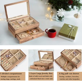 Meangood Jewelry Box Organizer for Women, 2 Layer Large Jewelry Storage Case, Rustic Wooden Jewelry Box with Mirror & Ring Tray for Necklace Earring Bracelets Rings, Vintage Style (Torched Wood)