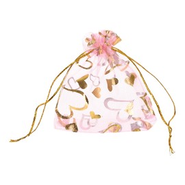 sourcing map Organza Bag 3.5" x 4.7", Sheer Heart Mesh Bags Drawstring Gift Bags Bulk Party Favor Bag Jewelry Pouches for Wedding Candy Valentines (Pink-Gold, Pack of 100)