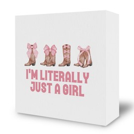 BCUANGD Coquette Room Desk Decor Decorations - Pink Bows Trendy Preppy Wooden Box Sign, Cowgirl Boots Wood Block Plaque Box Sign for Teen Girly Girls Room Dorm Table Decoration, 5x5 Inches